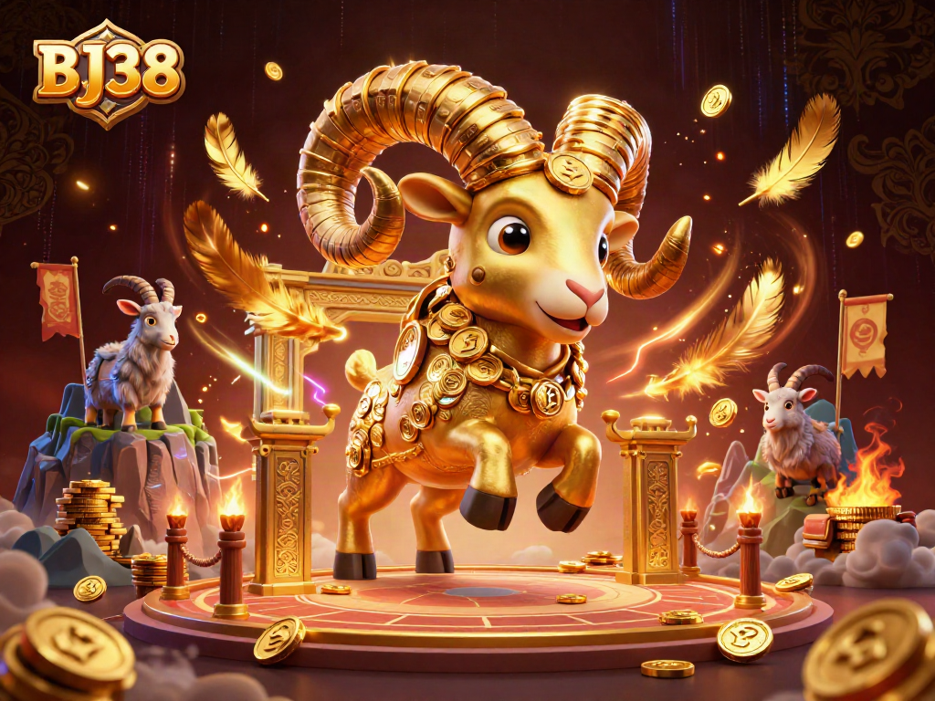 Engage with BJ38, a dynamic 3D casino scene featuring a golden ram charging through a vibrant game atmosphere.