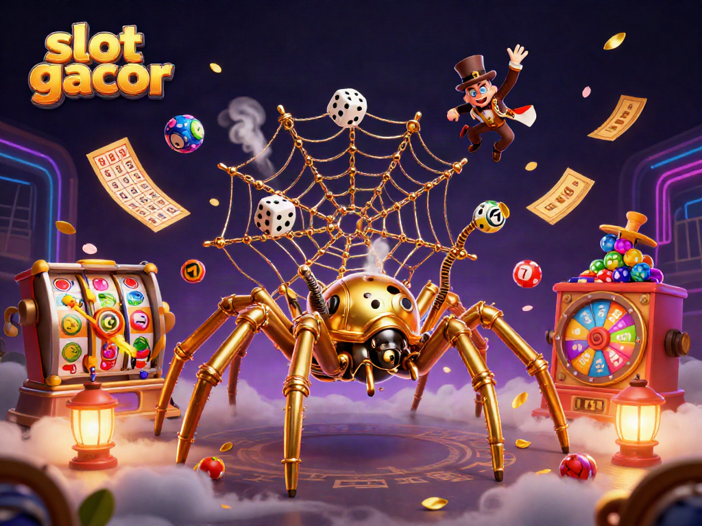 Experience slot gacor excitement with a vibrant 3D casino scene featuring dynamic characters and game elements.