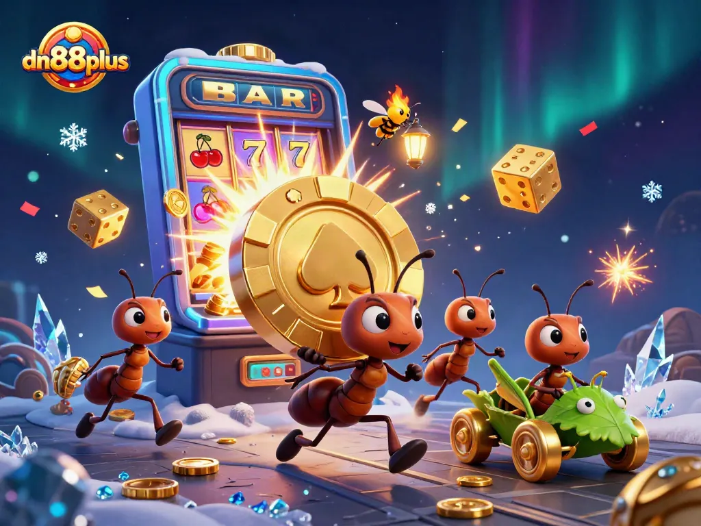 Join the heist at dn88plus as ants escape with a colossal golden poker chip in vibrant casino chaos.