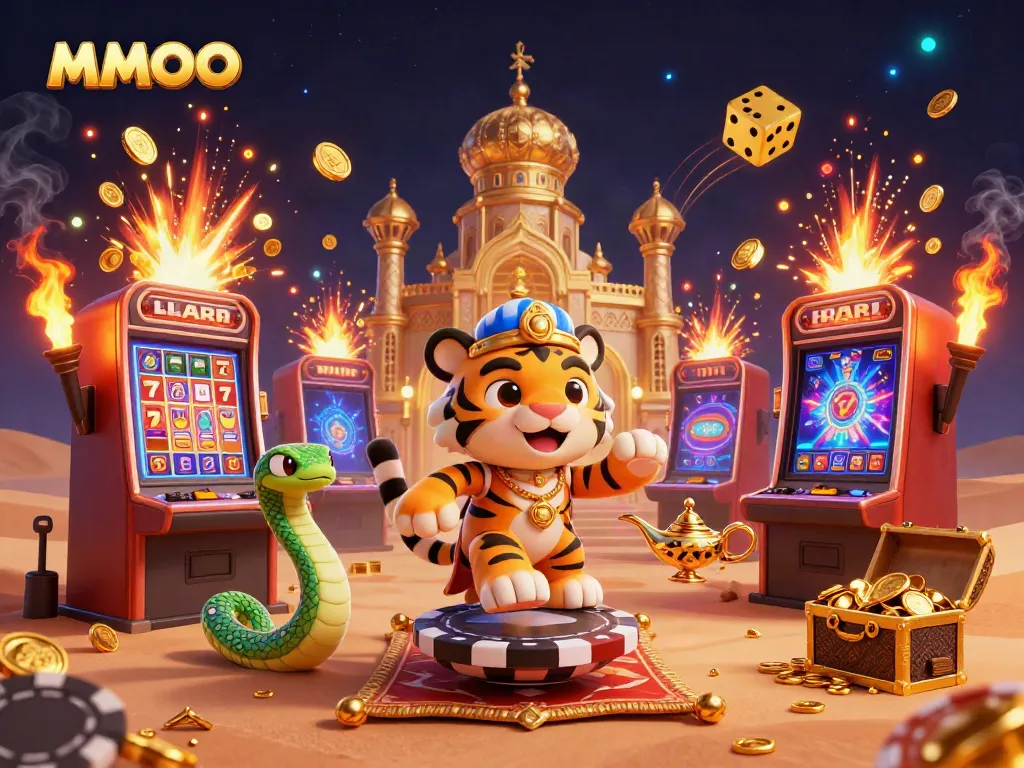 Spin the reels with MMOO in a vibrant Arabian-themed casino scene bursting with jackpots and excitement.
