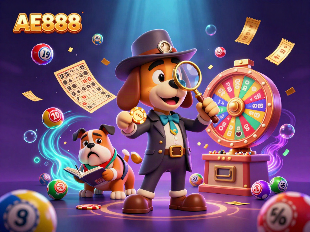 Join the thrilling adventure at AE888 as a detective discovers poker chips amid vibrant casino elements.