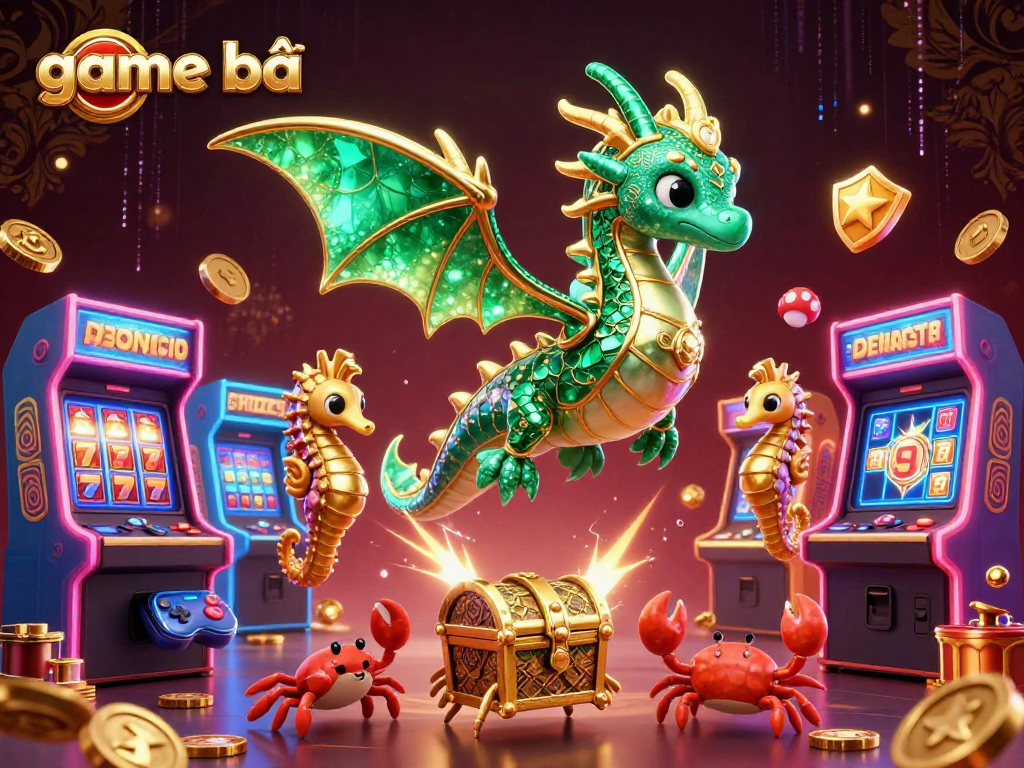 Engaging game bài scene featuring a dragon, seahorse guards, and jackpot elements in vibrant casino colors.