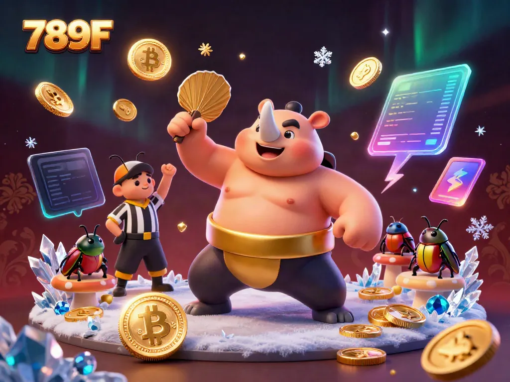 Engage in thrilling games at 789F with a vibrant 3D scene showcasing a beetle champion and exciting crypto elements.
