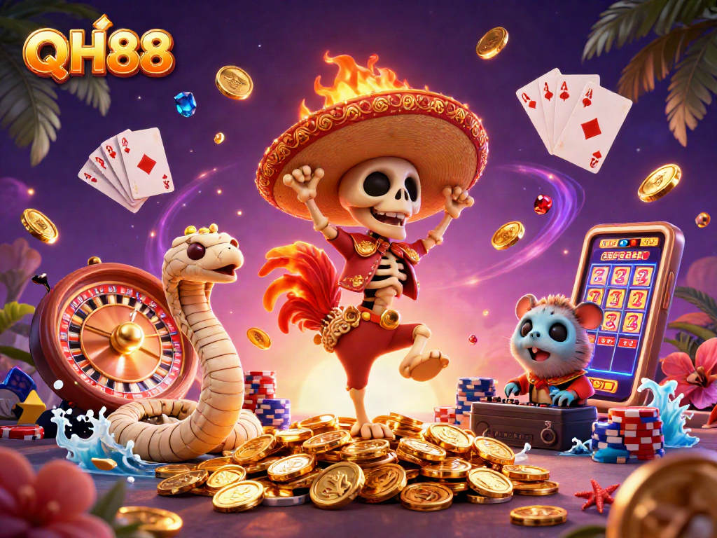 Spin and win with QH88 at this vibrant 3D casino illustration capturing the excitement of gambling.