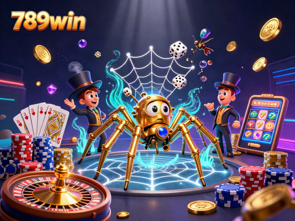 Engage with 789win's vibrant steampunk casino scene full of shimmering elements and playful characters.