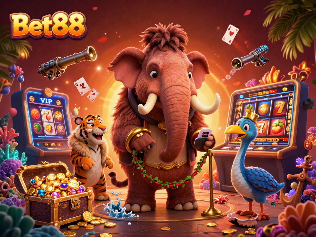 Bet88 invites players to the fun with a vibrant casino scene featuring colorful slots and engaging characters.