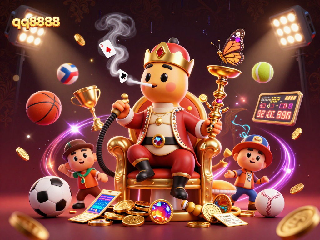 Engage with sports betting excitement at qq8888 featuring a vibrant, dynamic scene of 3D characters and elements.