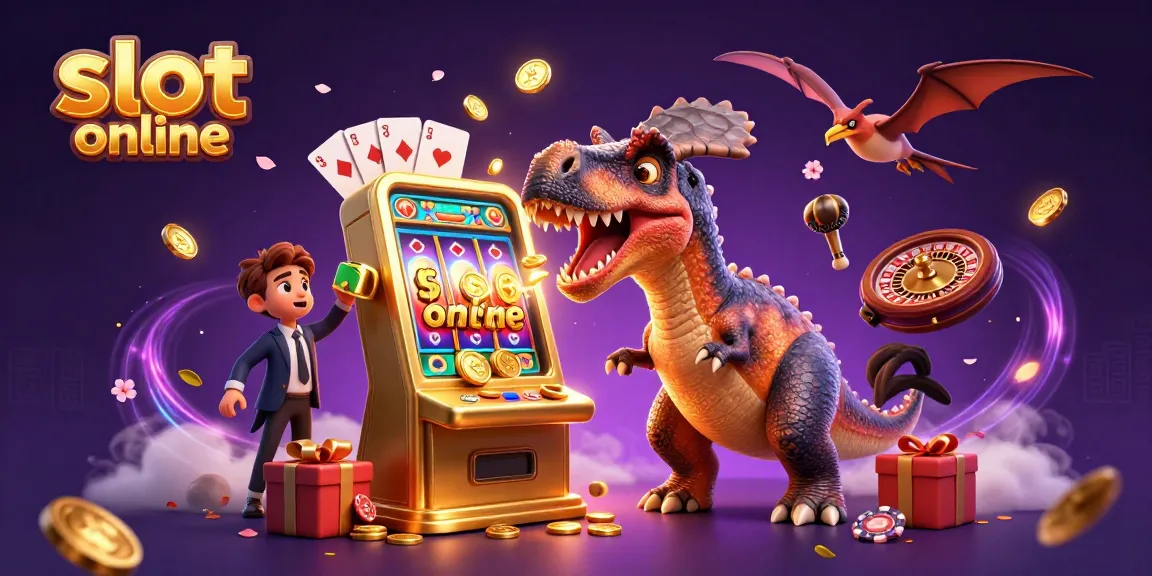 Slot online dengan dinosaurus yang menendang mesin slot, menghasilkan koin jackpot yang terbang.