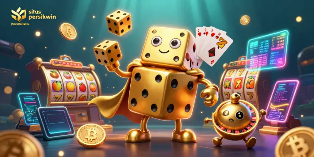 Pemain situs persikwin menikmati pengalaman judi dengan dadu emas dan simbol slot yang berkilauan.