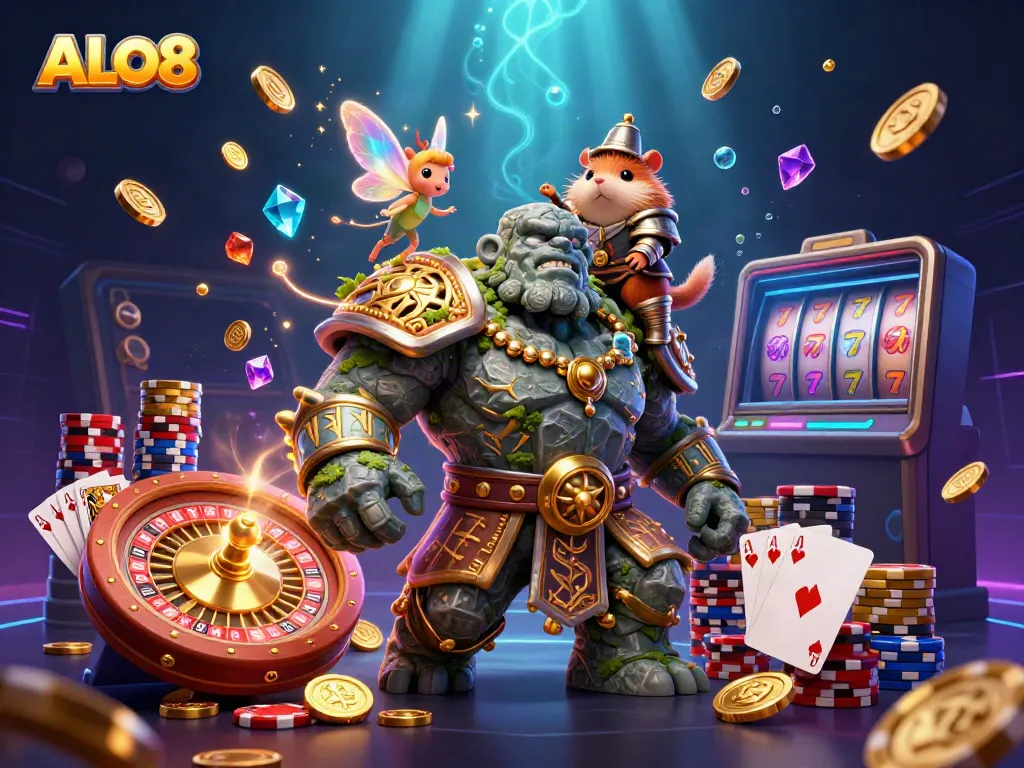 Experience the thrilling world of ALO8 with a magical golem, a fairy, and a knight amidst flying gold coins and casino elements.