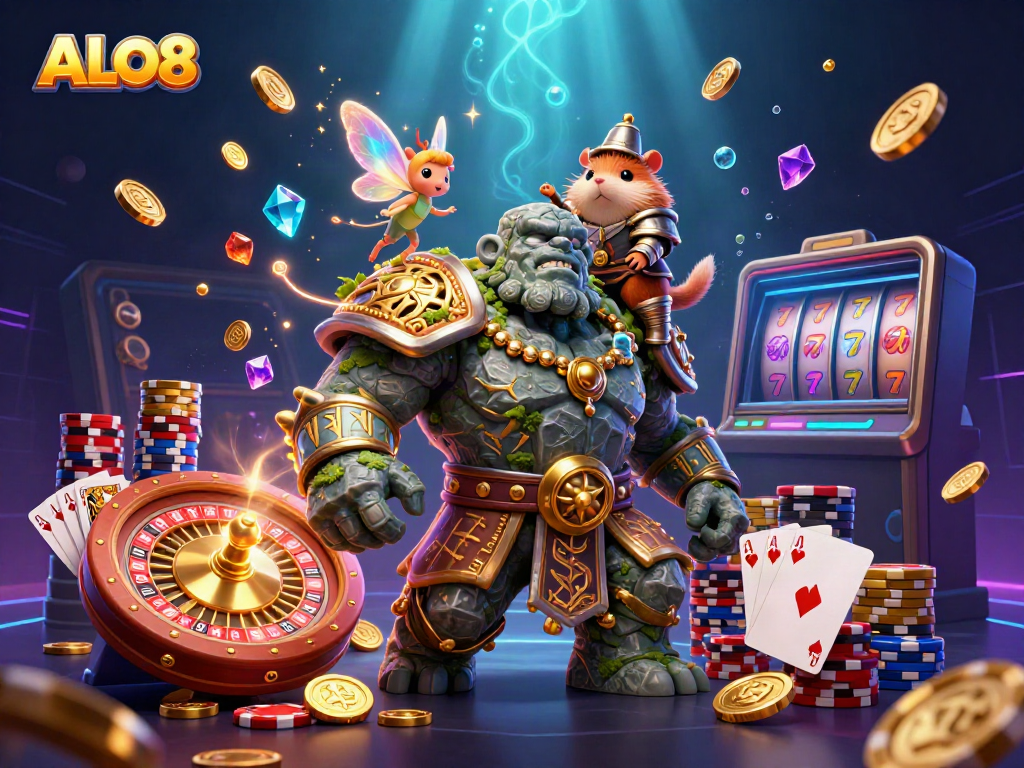 Experience the thrilling world of ALO8 with a magical golem, a fairy, and a knight amidst flying gold coins and casino elements.