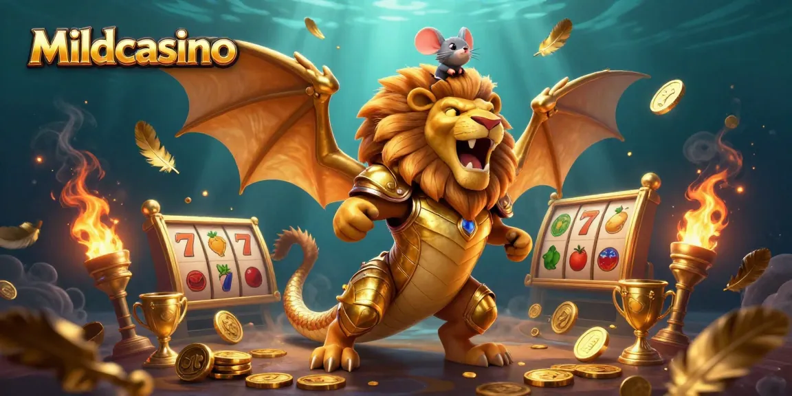 Mildcasino wins with a spectacular 3D chimera creature illustration among golden slots and symbols.