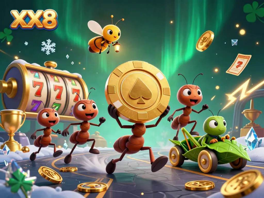 Engaging 3D illustration of an ant team heist in a casino with the keyword XX8 capturing excitement and action.