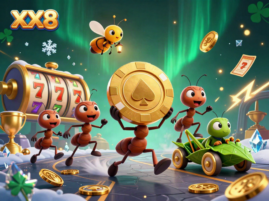Engaging 3D illustration of an ant team heist in a casino with the keyword XX8 capturing excitement and action.