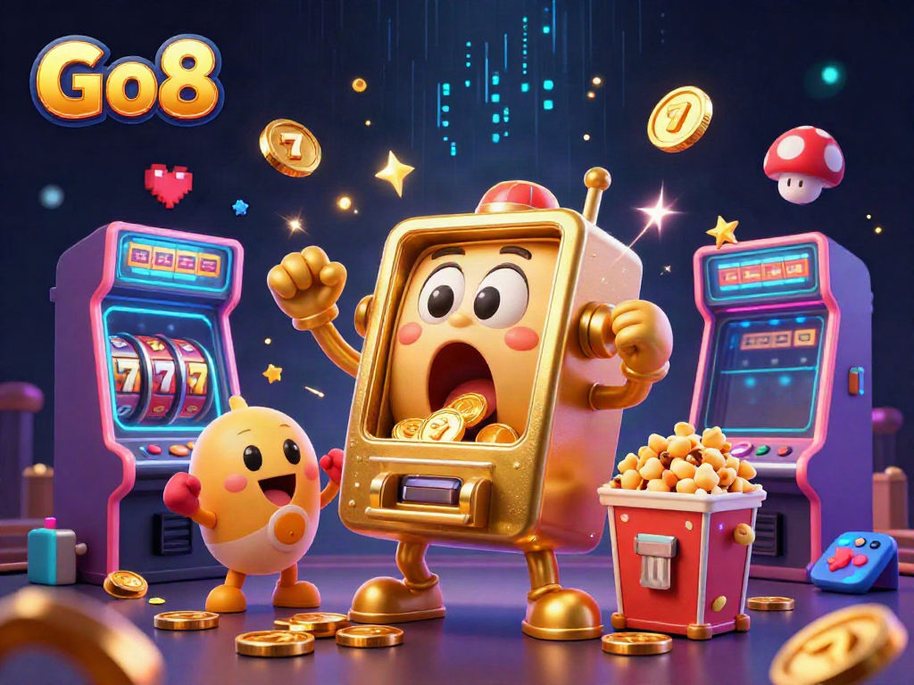 Go8 slot machine hits the jackpot, surrounded by cheering machines and gaming elements.