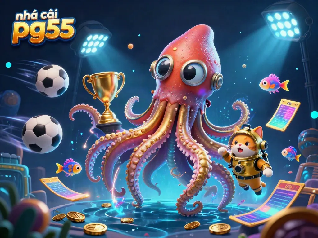 Experience thrilling games at nhà cái pg55 with a colossal kraken and diving cat in a stunning 3D illustration.