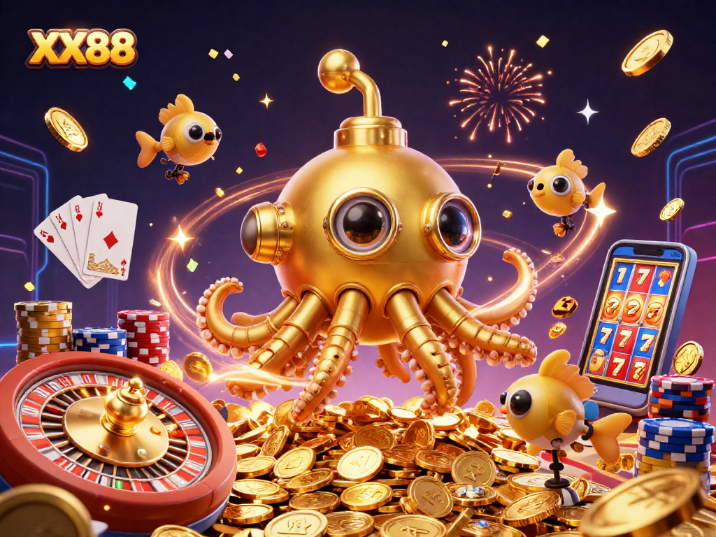 Win big with your favorite games at XX88, featuring a vibrant golden kraken submarine amidst thrilling casino elements.