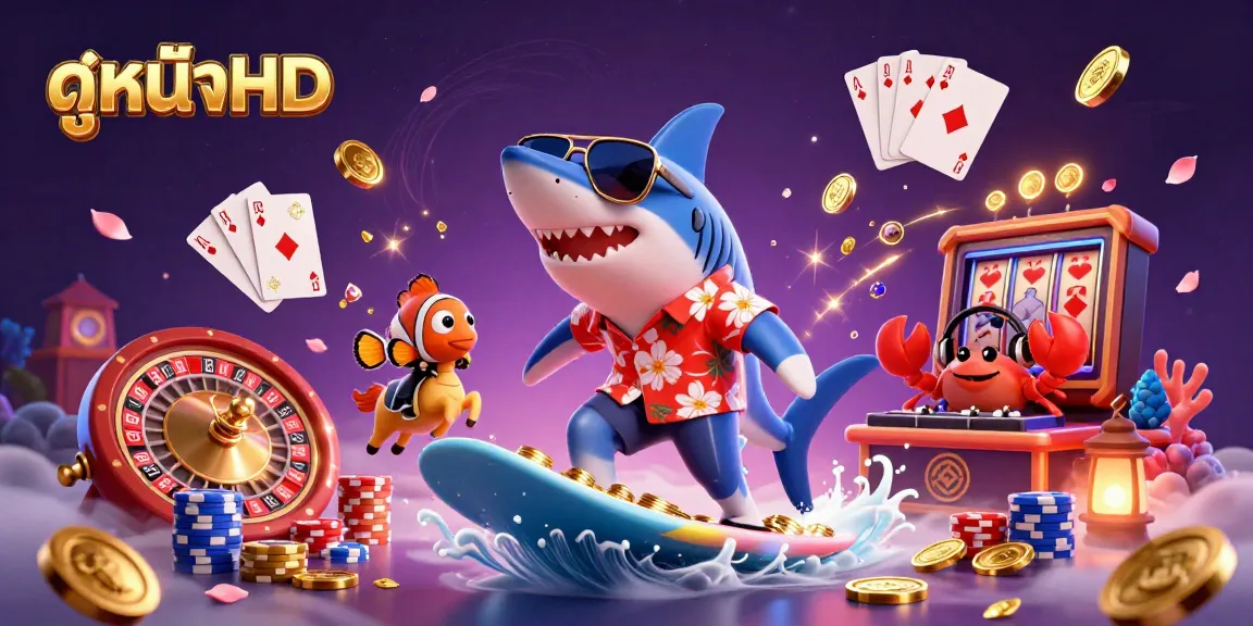 Experience an engaging view of ดูหนังHD while a shark surfs a gold coin wave in this vibrant 3D casino scene.