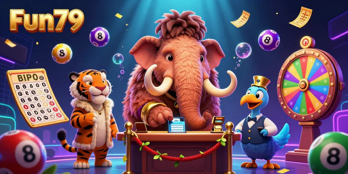 Win big with Fun79 in this vibrant casino scene filled with colorful lottery elements and dynamic characters.