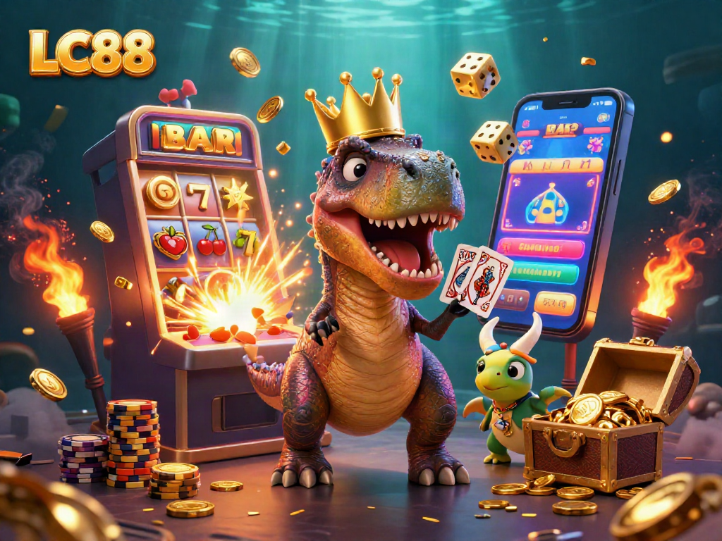 LC88 jackpot scene with T-Rex, pterodactyl, and triceratops enjoying casino games.