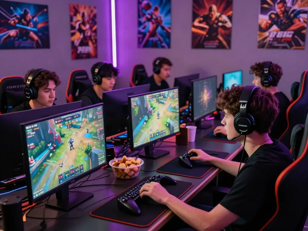 Players immersed in the thrilling world of luxury111 online gaming, surrounded by colorful screens and vibrant neon lights.
