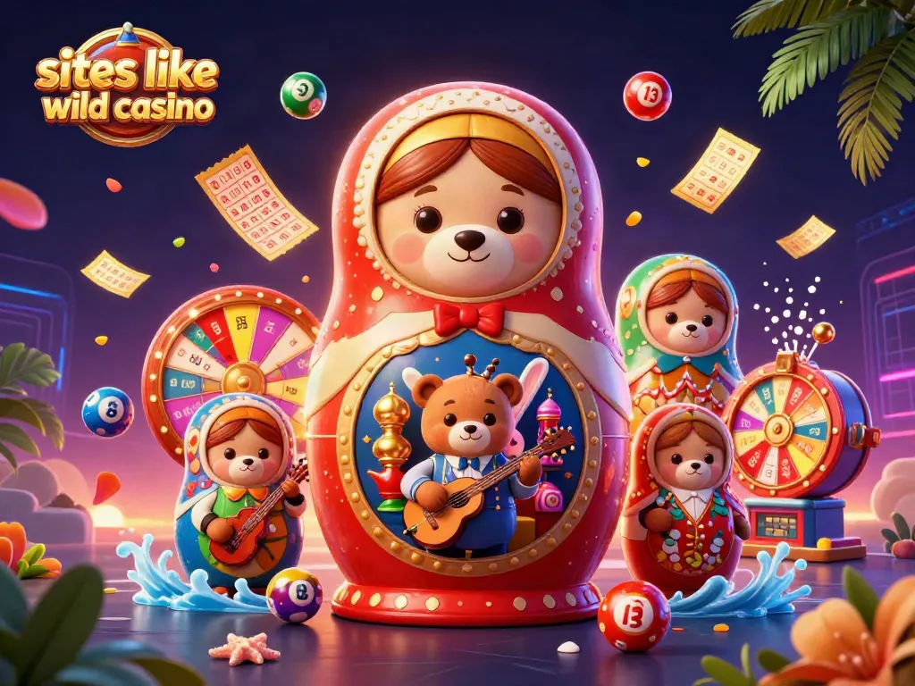 Play games like sites like Wild Casino in a vibrant, engaging setting with various casino elements.