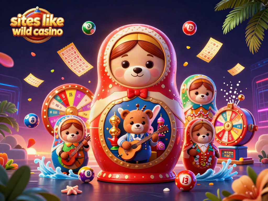 Play games like sites like Wild Casino in a vibrant, engaging setting with various casino elements.
