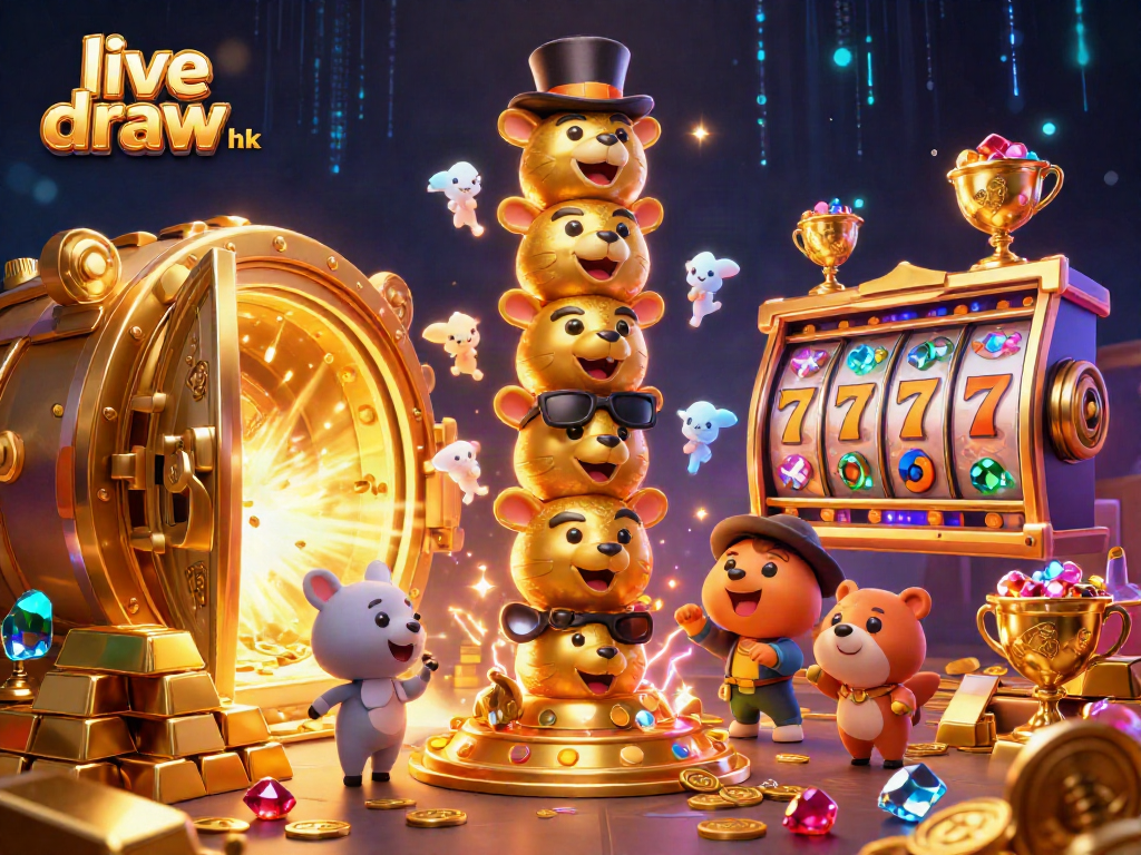 Experience live draw hk excitement with a vibrant 3D casino scene filled with animated gold and jewels.