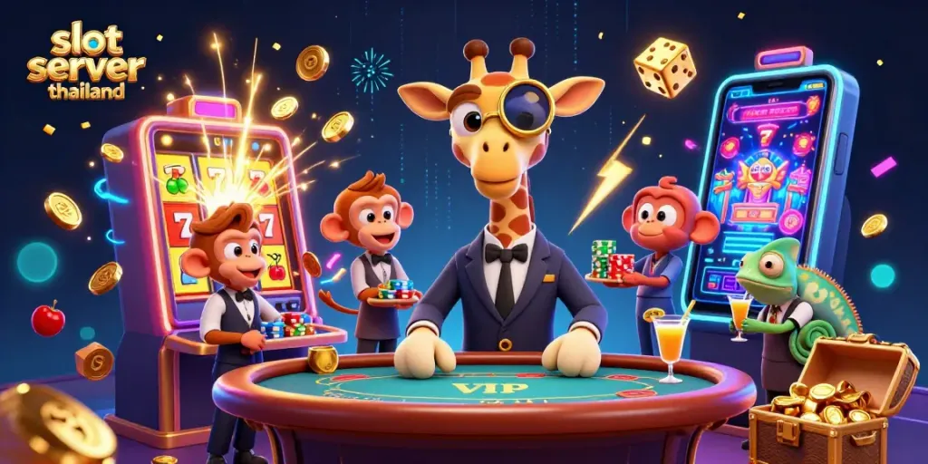 Experience excitement at slot server thailand with vibrant scenes of a high-roller giraffe and lively casino action.