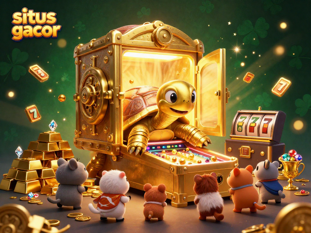 Sparkle-filled scene featuring situs slot gacor with a colossal tortoise pinball machine amidst treasures and slot symbols.