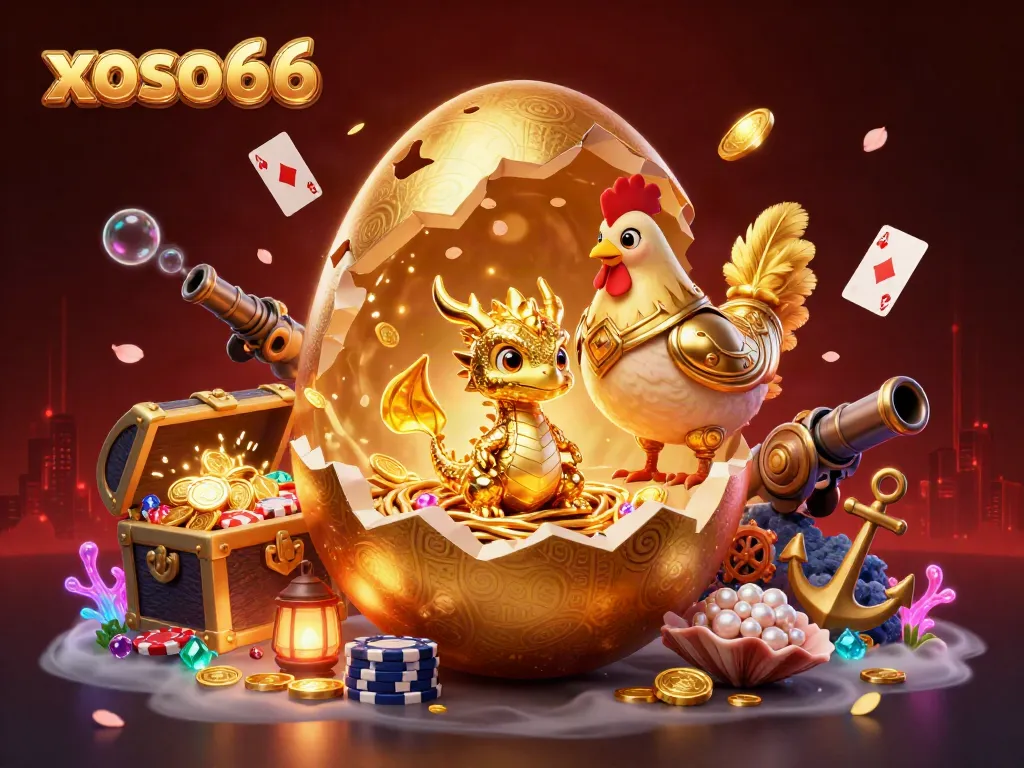 Win big with xoso66, featuring vibrant gaming elements like poker chips and gold treasure.