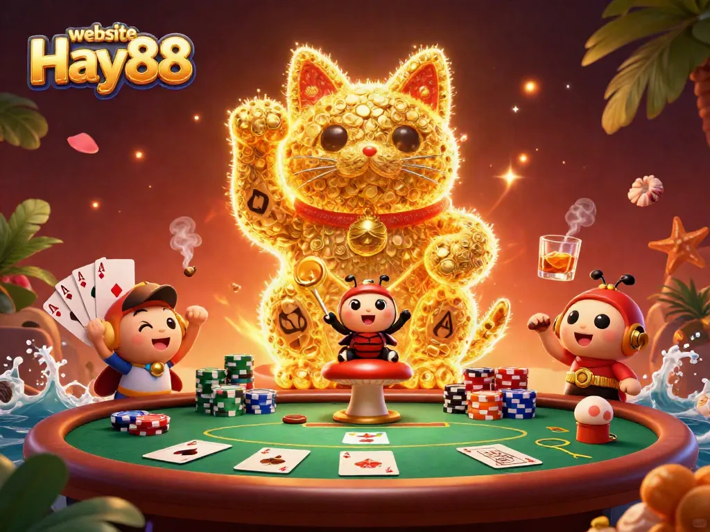 Engage with the vibrant atmosphere of the website Hay88, showcasing a lucky cat and fireflies amidst a dynamic poker scene.