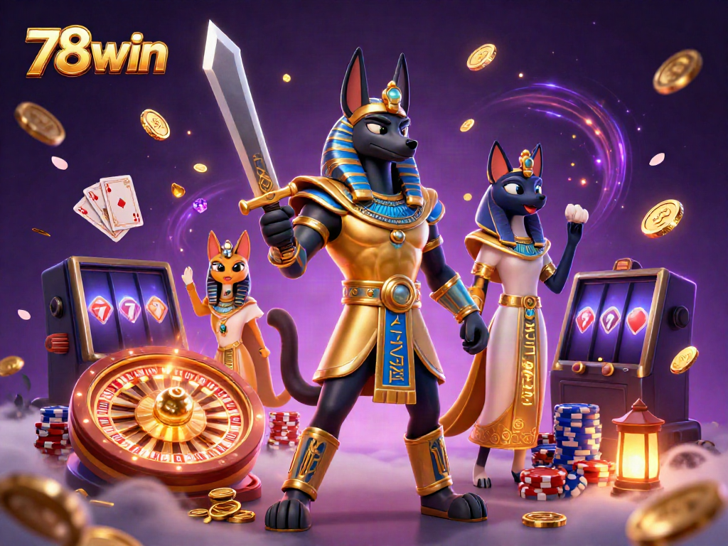 Experience the thrill of winning at 78win with Anubis and Bastet amid cascading coins and dynamic casino elements.