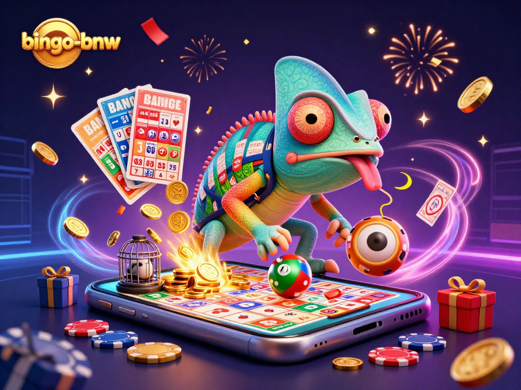 Experience thrilling gameplay with bingo-bnw as a vibrant chameleon entertain with bingo cards and gold coins.