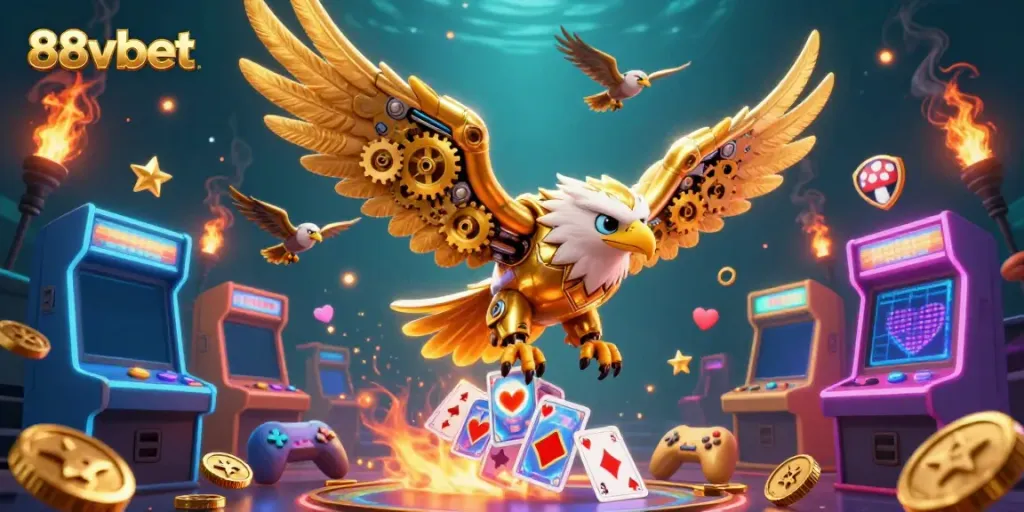 Experience the excitement of 88vbet with a dynamic 3D illustration showcasing a golden eagle amidst cascading holographic cards, surrounded by arcade games.