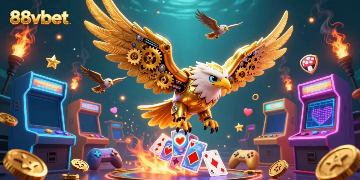 Experience the excitement of 88vbet with a dynamic 3D illustration showcasing a golden eagle amidst cascading holographic cards, surrounded by arcade games.
