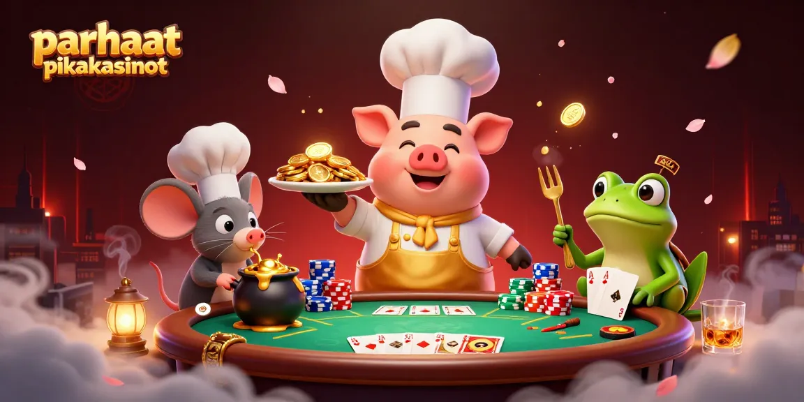 Experience parhaat pikakasinot with a vibrant 3D casino illustration featuring a chef pig and poker elements.