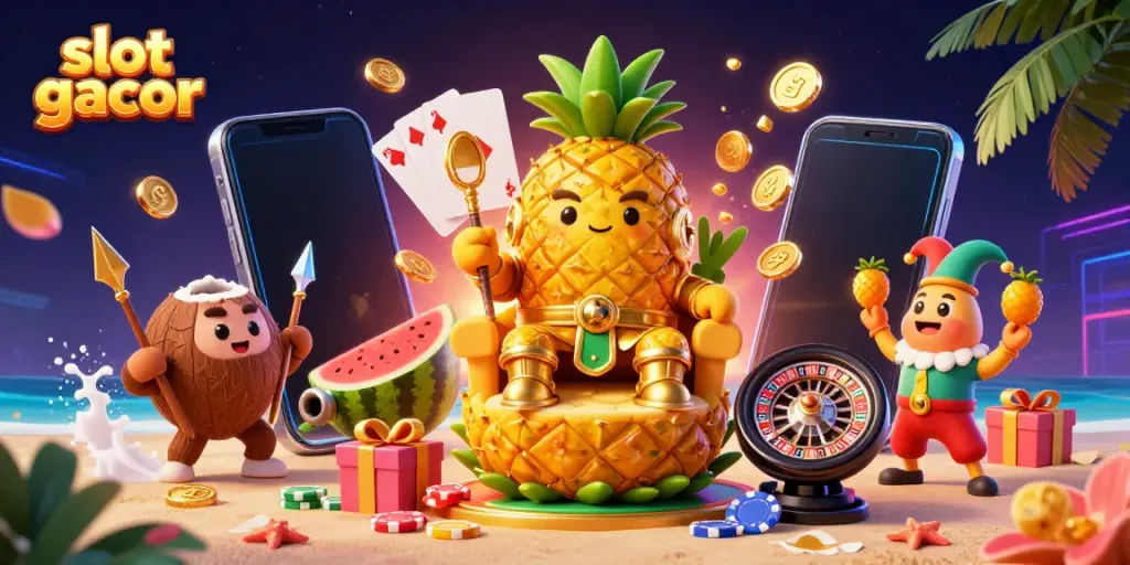 Bermain slot gacor dengan karakter kartun yang menggembirakan dan elemen kasino mengelilingi ponsel pintar di pantai.