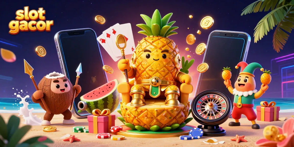 Bermain slot gacor dengan karakter kartun yang menggembirakan dan elemen kasino mengelilingi ponsel pintar di pantai.