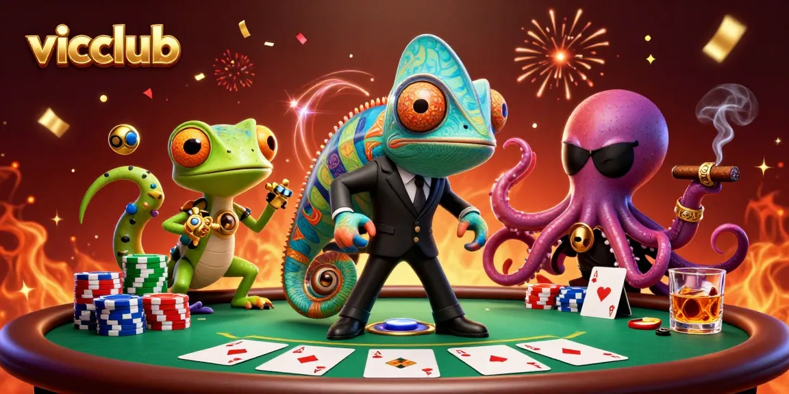 Engage in high-stakes action with vicclub's 3D cartoon casino scene featuring poker excitement.