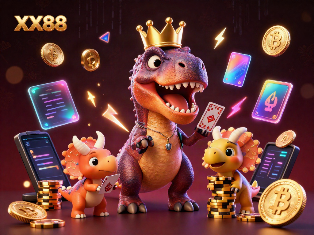Experience a vibrant casino scene with XX88's cartoon characters, digital coins, and gaming elements.