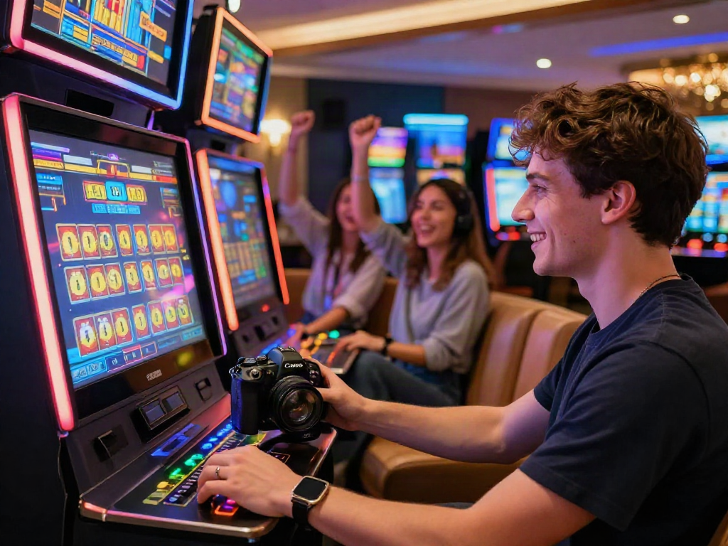 luxury12 player celebrating a slot win in a stylish gaming lounge with friends.