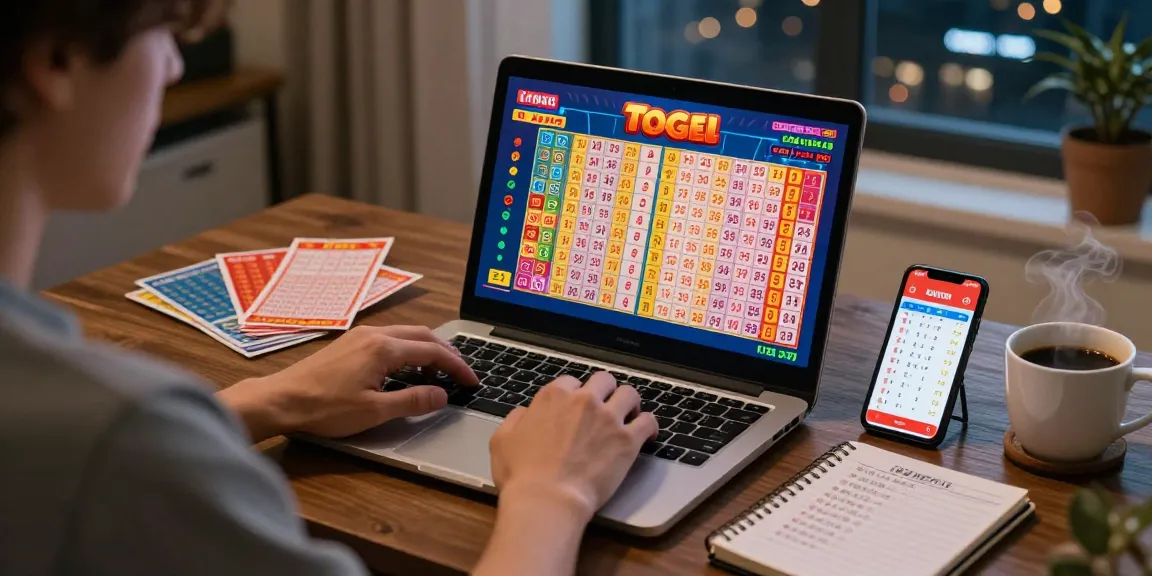 Pengguna bandar togel terpercaya bermain dengan laptop sambil melihat hasil undian langsung dan mencatat strategi menang.