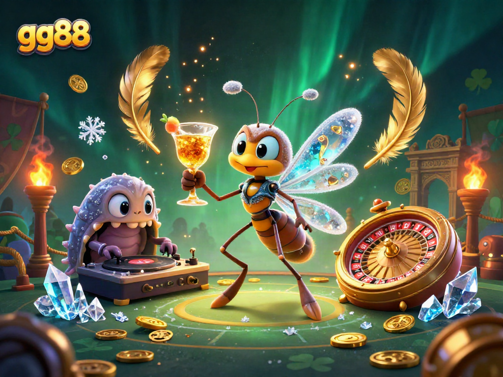 gg88 sparks excitement in a vibrant casino scene with a frozen mosquito mascot and a trilobite DJ.