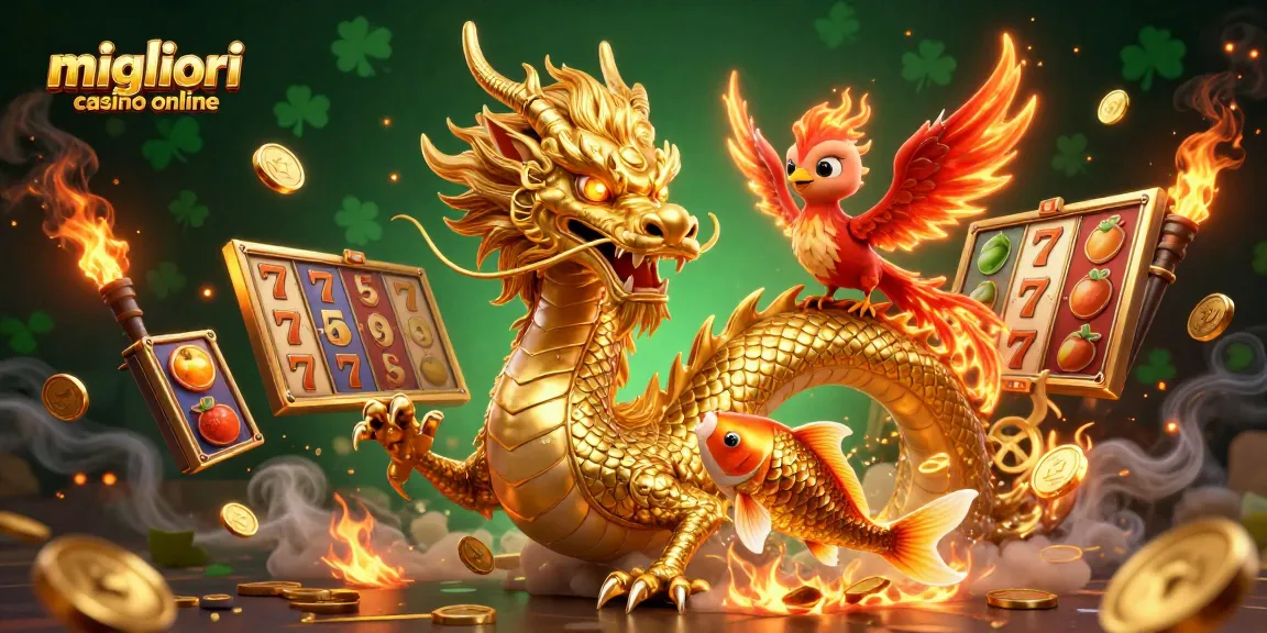 I migliori casinò online presentano un drago dorato e personaggi fortunati tra simboli di gioco e monete dorate.