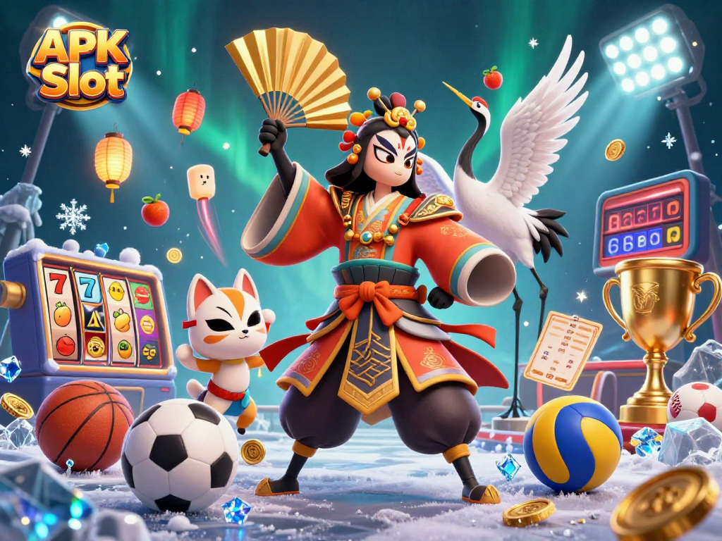 Engage with APK Slot visuals featuring a festive 3D scene of kabuki warriors and slot symbols.