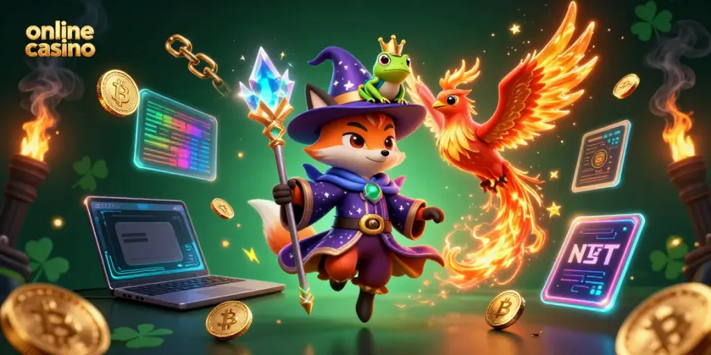 Experience the excitement of an online casino with a mystical illustration featuring a wizard fox and phoenix.