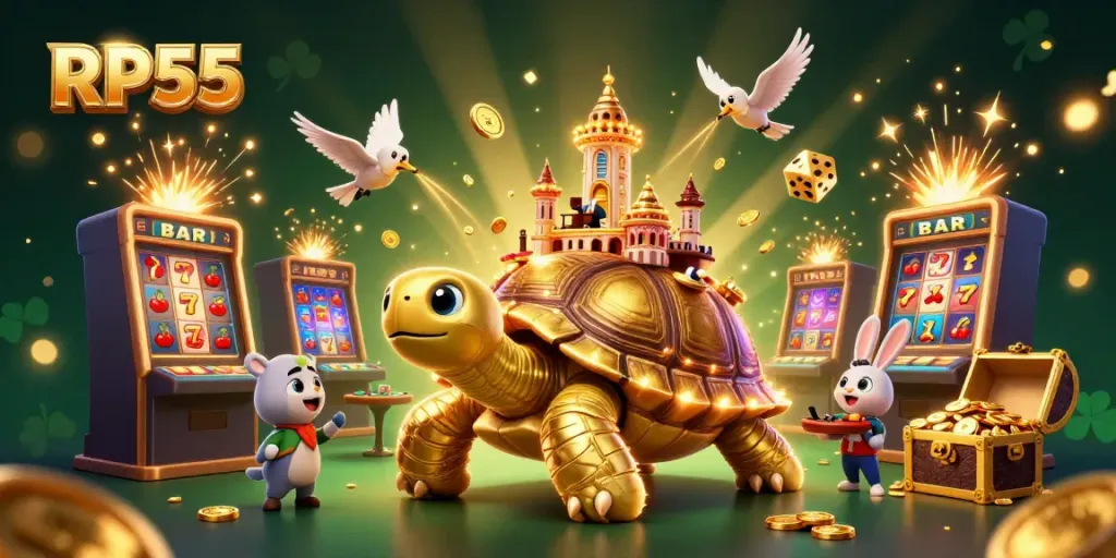 Win big with RP55 in this vibrant casino-themed illustration featuring a golden tortoise and rabbit dealer.