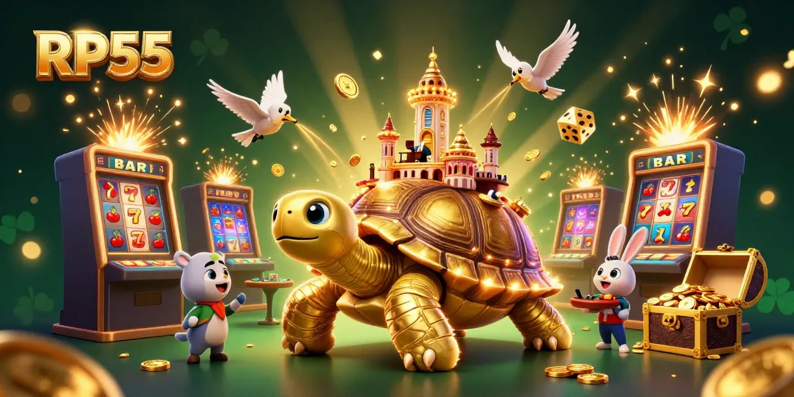 Win big with RP55 in this vibrant casino-themed illustration featuring a golden tortoise and rabbit dealer.