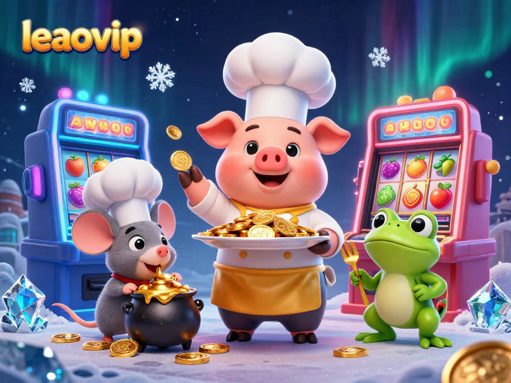 Experience the excitement of leaovip with a pig chef, golden coins, and colorful slot machines.